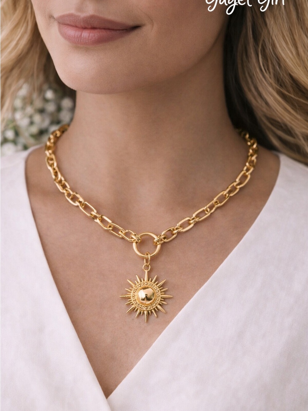 Gold Sunburst Pendant Chain Necklace - 18K Gold Tone - Picture 3 of 3